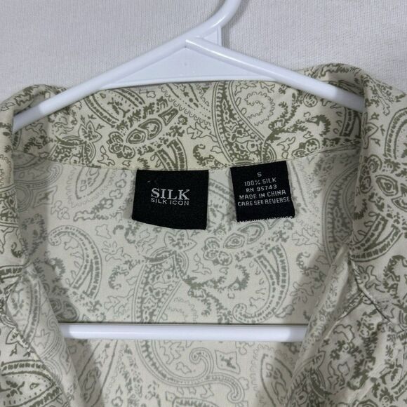 Silk Icon 100% Silk Paisley Button-Up Shirt Womens Small Beige Green Long Sleeve - Picture 3 of 15